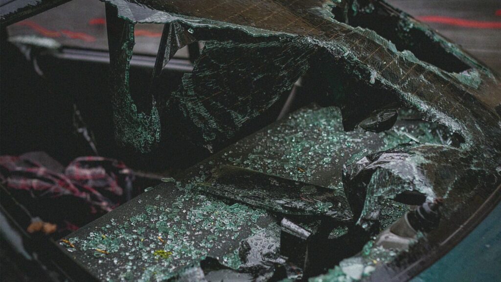 A shattered automobile windshield
