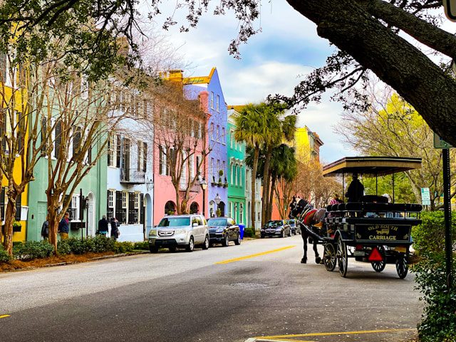 An outdoor view of a row of vibrantly colored buildings in South Carolina