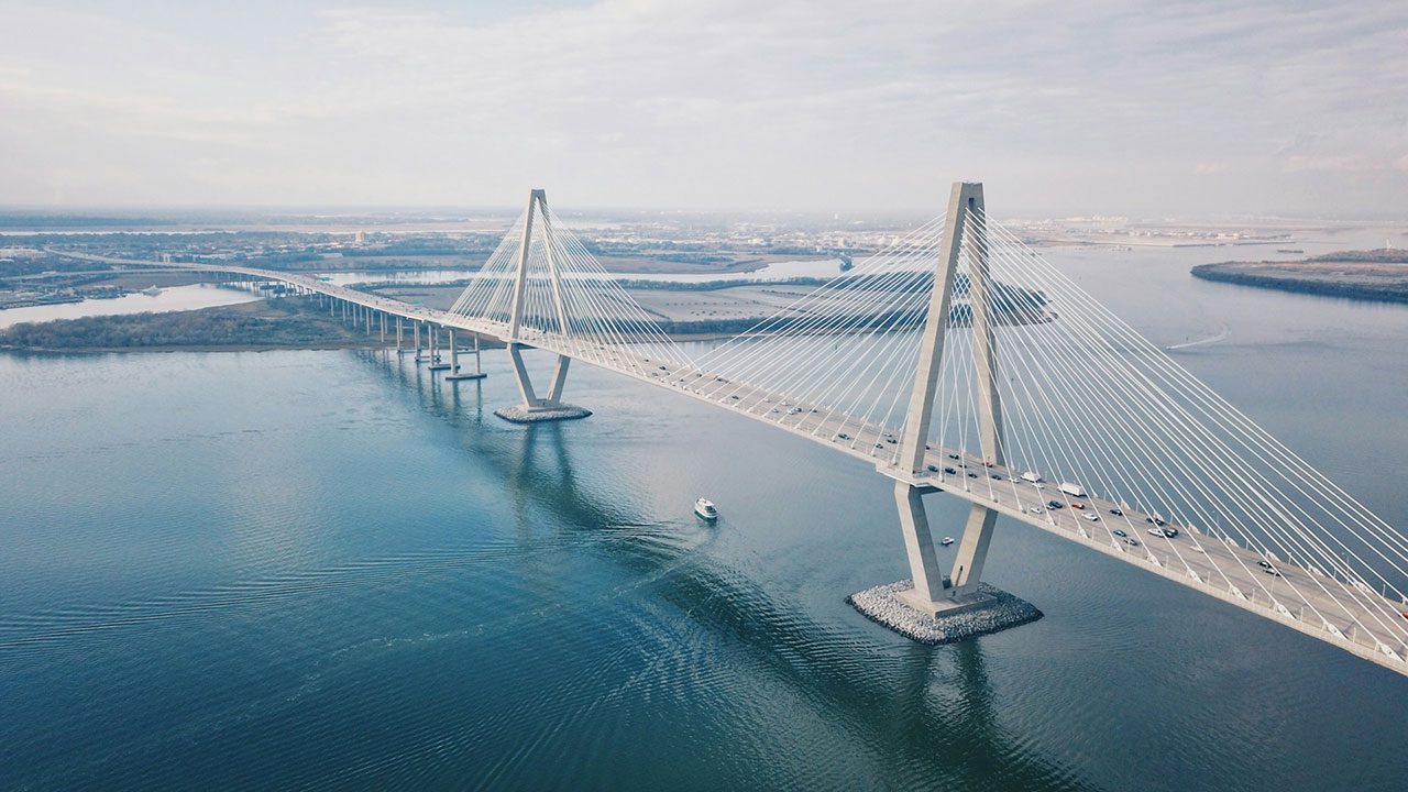 An aerial view of a bridge in Charleston, SC