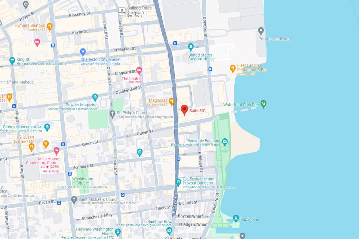 A digital image of a map featuring the location of Charleston law offices at its center