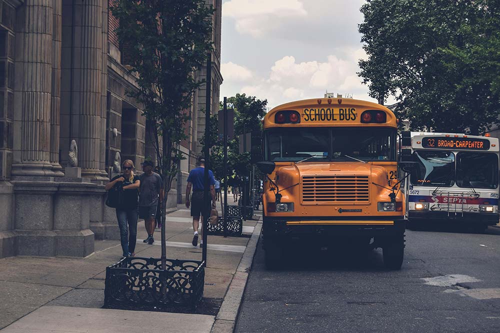 A school bus parked near a building
