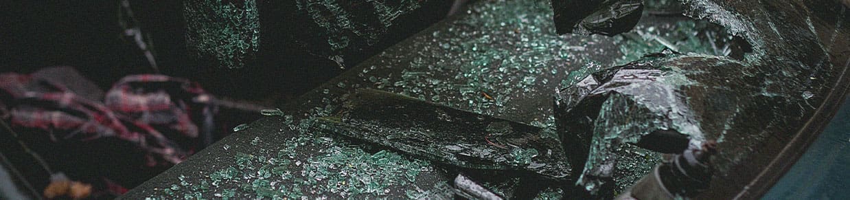 A busted glass windshield