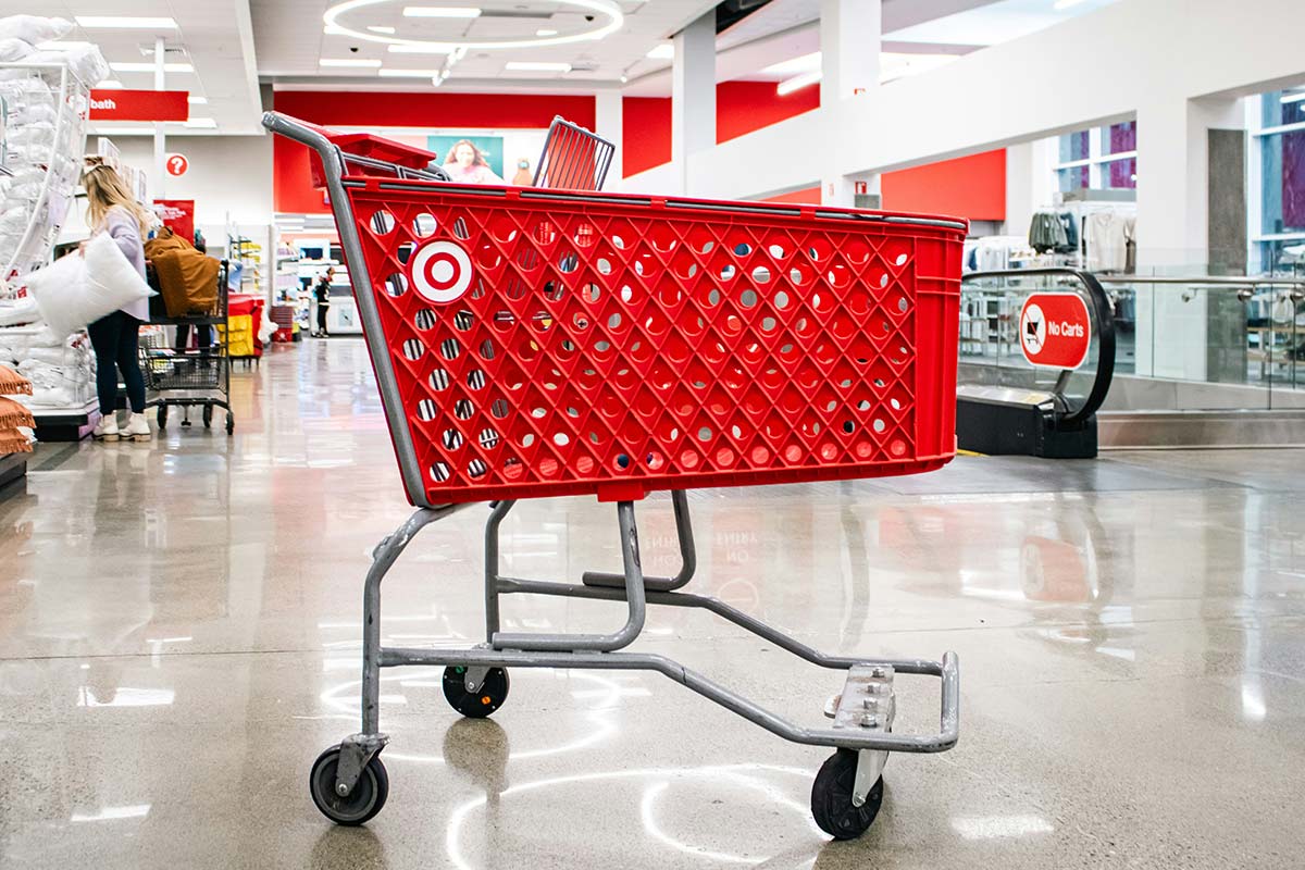 A Target shopping cart in the middle of a store